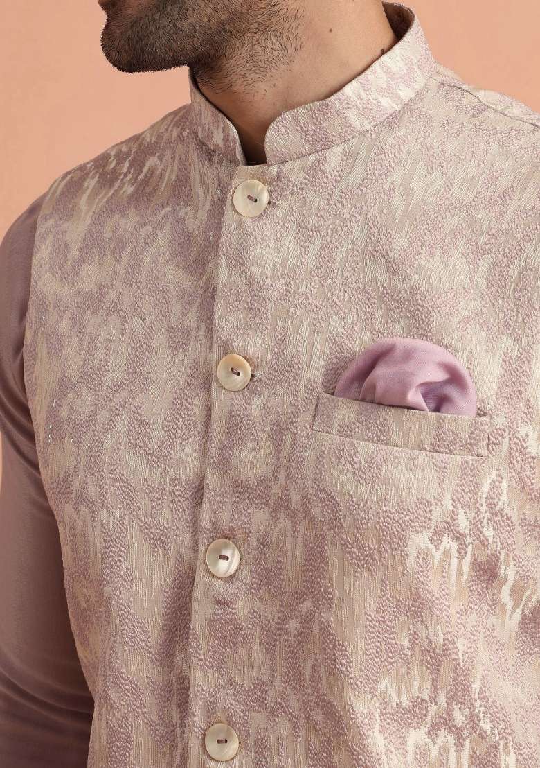 Pink Jacquard Silk Blend Jacket For Men - Indya