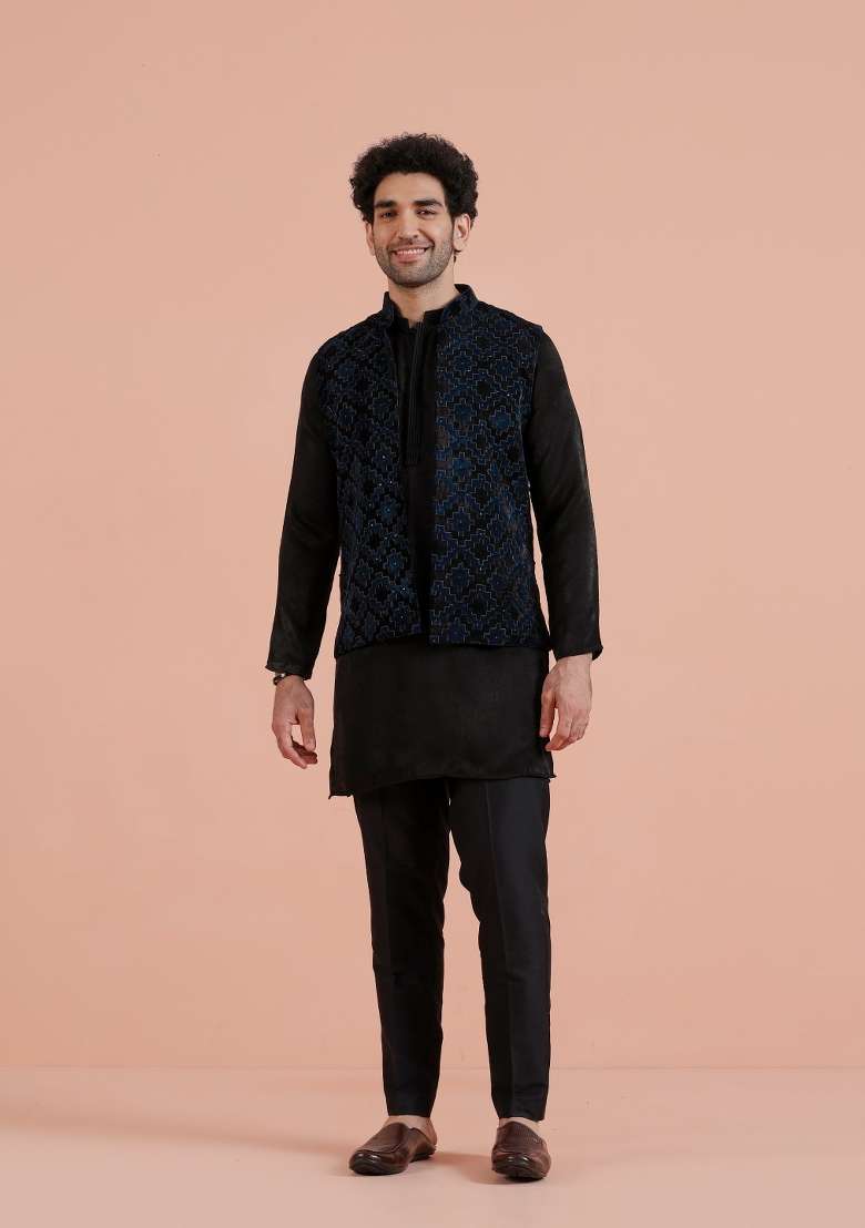 Blue Lazer Cut Velvet Jacket For Men - Indya
