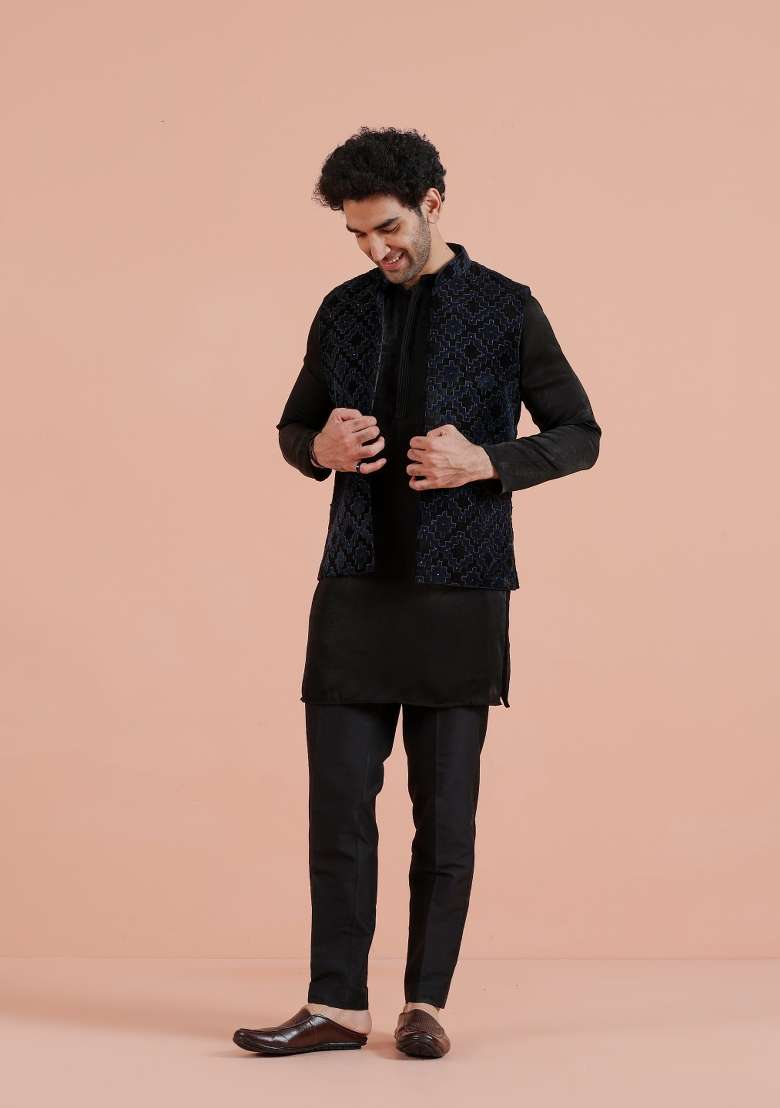 Blue Lazer Cut Velvet Jacket For Men - Indya