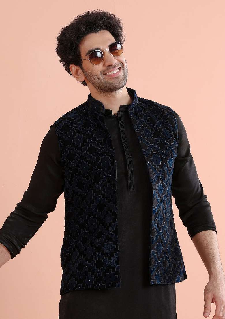 Blue Lazer Cut Velvet Jacket For Men - Indya