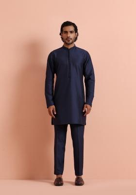 Blue Solid Poly Silk Blend Kurta For Men