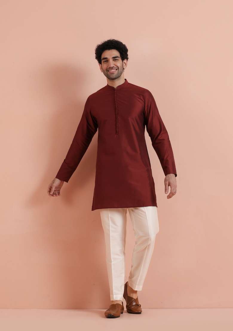 Maroon Solid Poly Silk Blend Kurta For Men - Indya