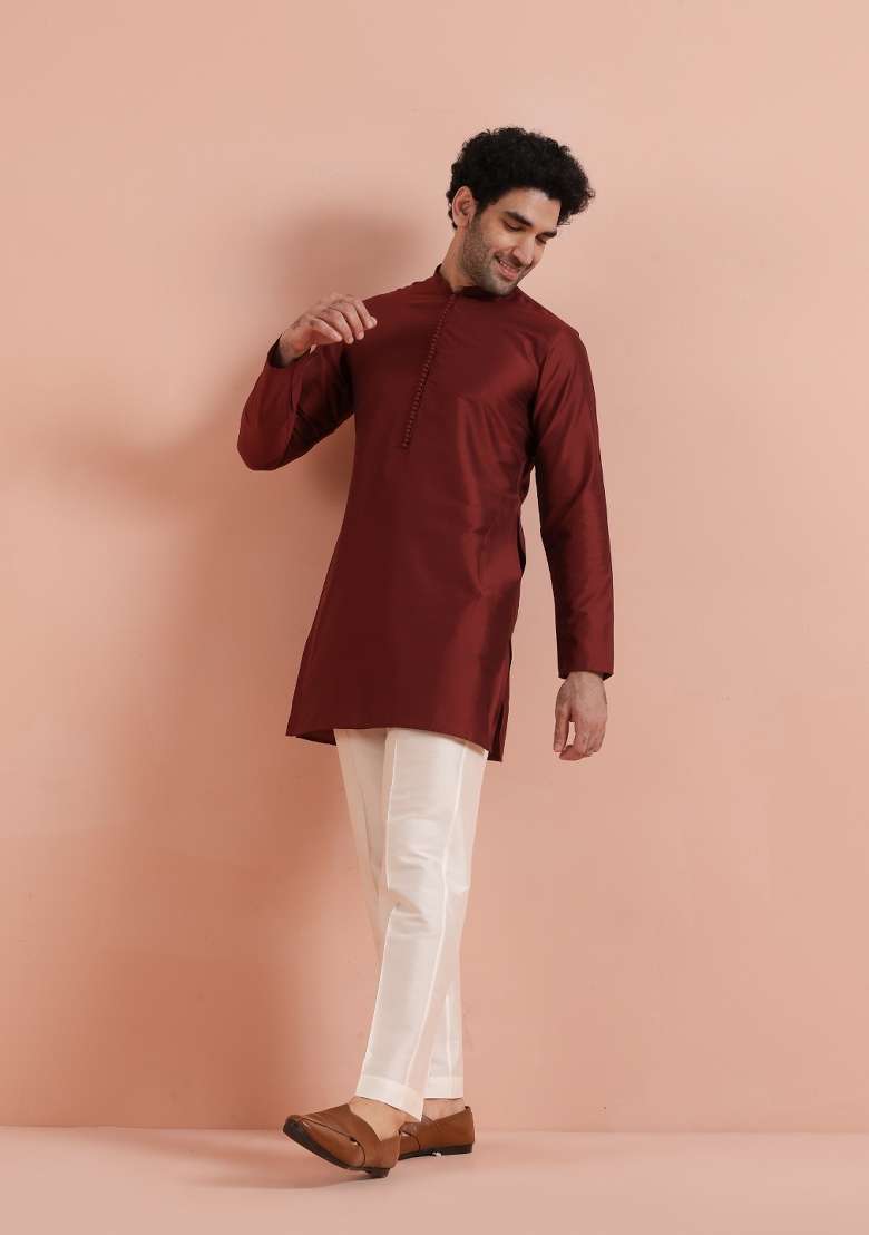 Maroon Solid Poly Silk Blend Kurta For Men - Indya