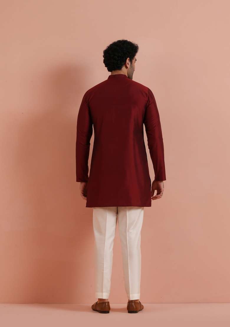 Maroon Solid Poly Silk Blend Kurta For Men - Indya