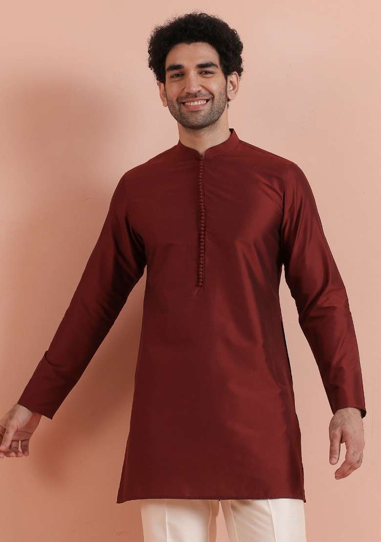 Maroon Solid Poly Silk Blend Kurta For Men - Indya