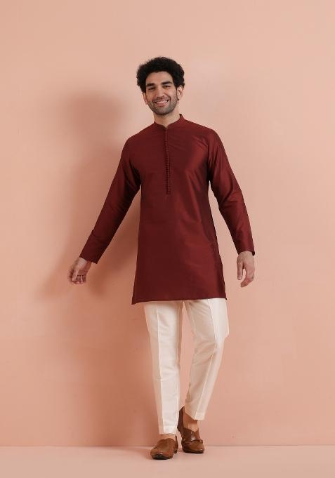 Maroon Solid Poly Silk Blend Kurta For Men