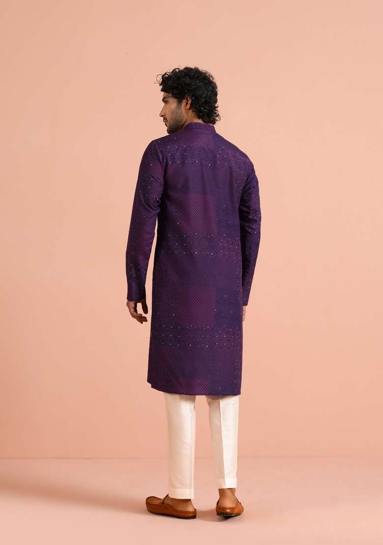 Purple Printed Cotton Blend Kurta For Men - Indya