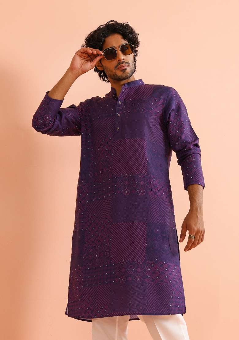 Purple Printed Cotton Blend Kurta For Men - Indya