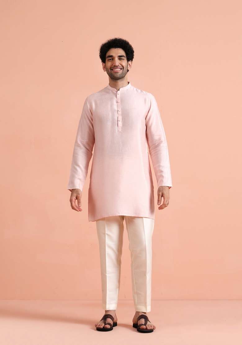 Pink Solid Silk Blend Kurta For Men - Indya
