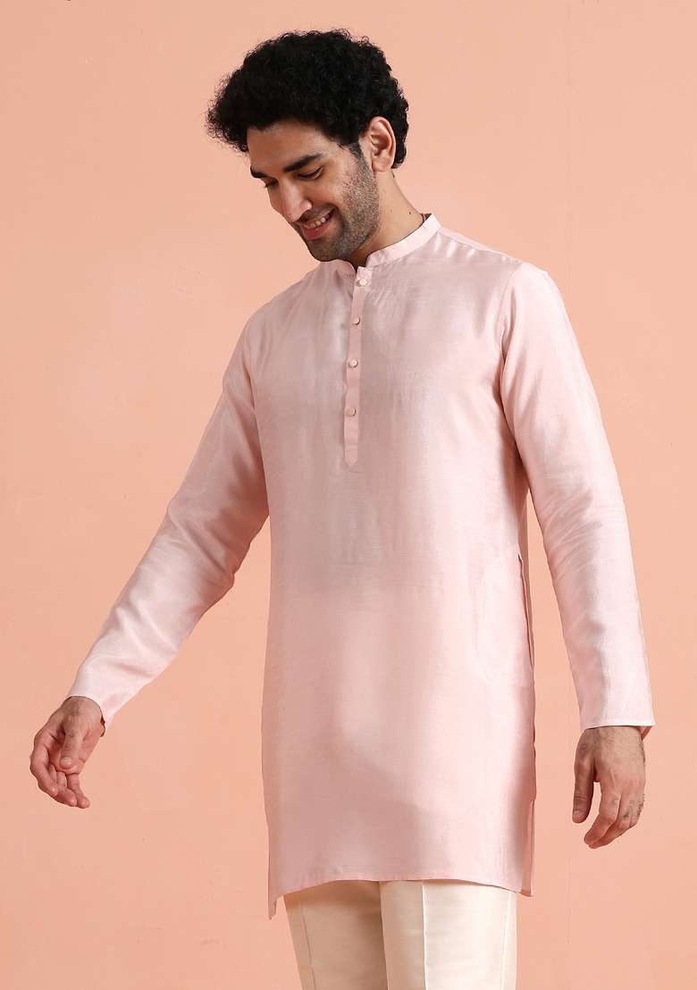 Pink Solid Silk Blend Kurta For Men - Indya