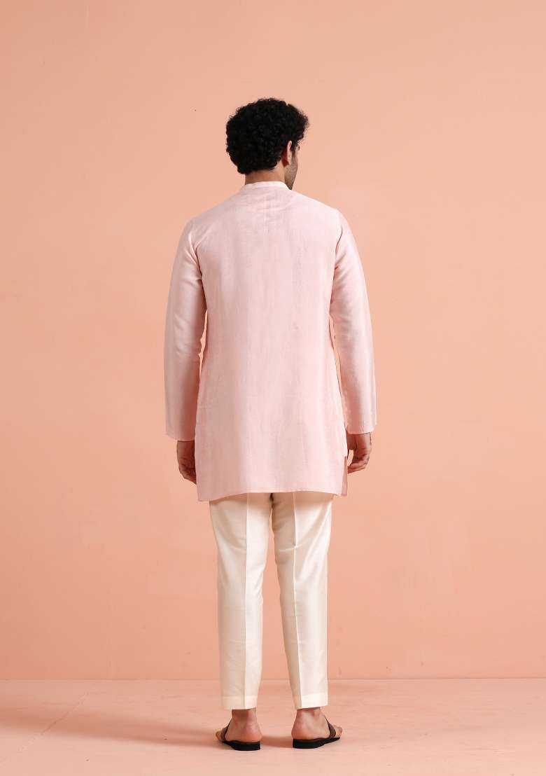 Pink Solid Silk Blend Kurta For Men - Indya