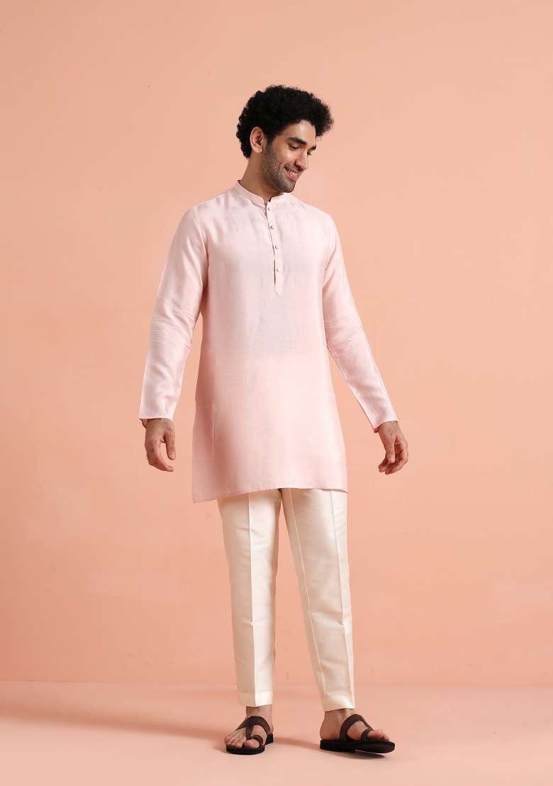 Pink Solid Silk Blend Kurta For Men - Indya