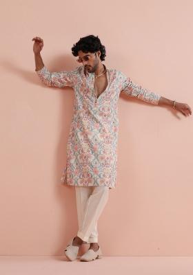 Multicolor Printed Poly Viscose Kurta For Men