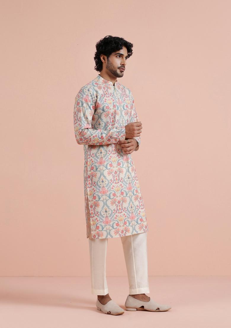 Multicolor Printed Poly Viscose Kurta For Men