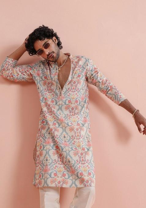 Multicolor Printed Poly Viscose Kurta For Men