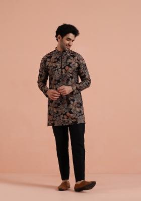 Black Printed Poly Viscose Kurta For Men