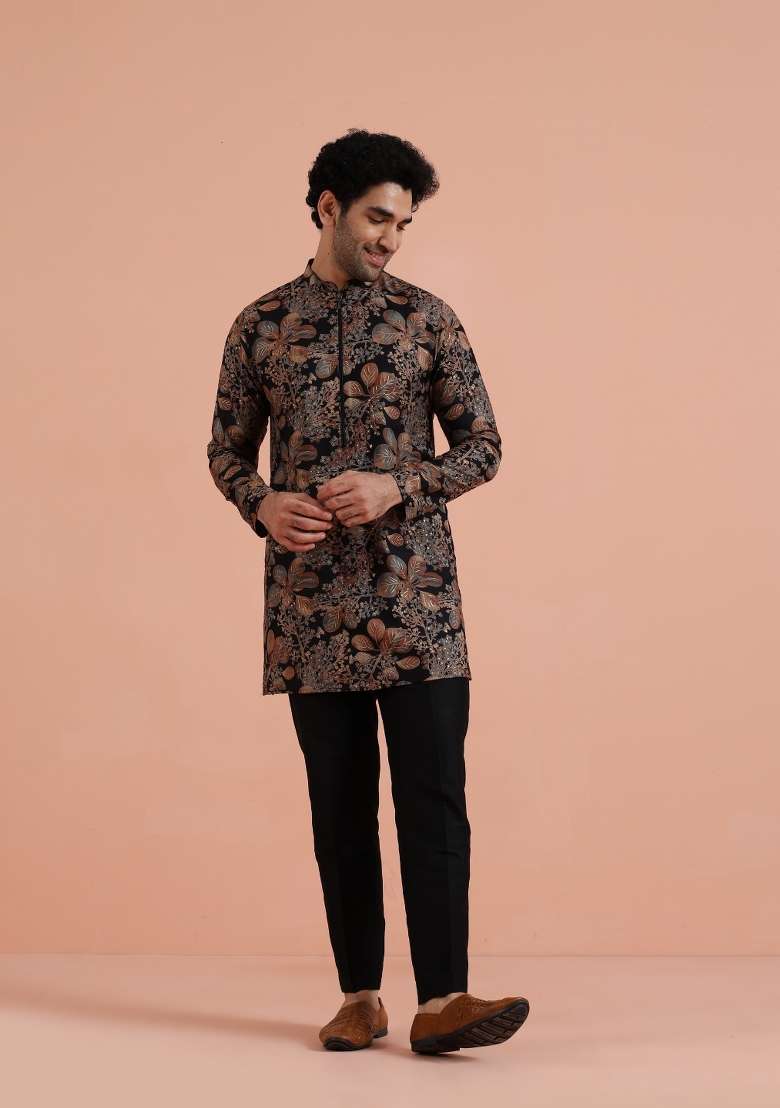 Black Printed Poly Viscose Kurta For Men - Indya