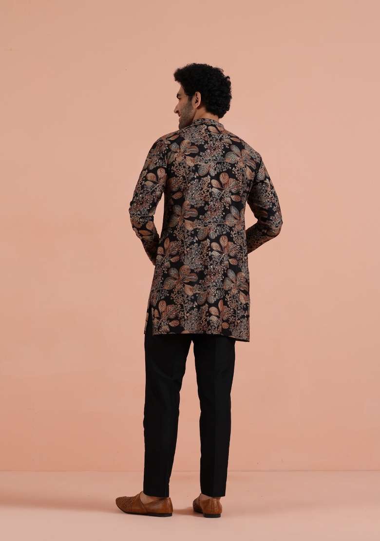 Black Printed Poly Viscose Kurta For Men - Indya