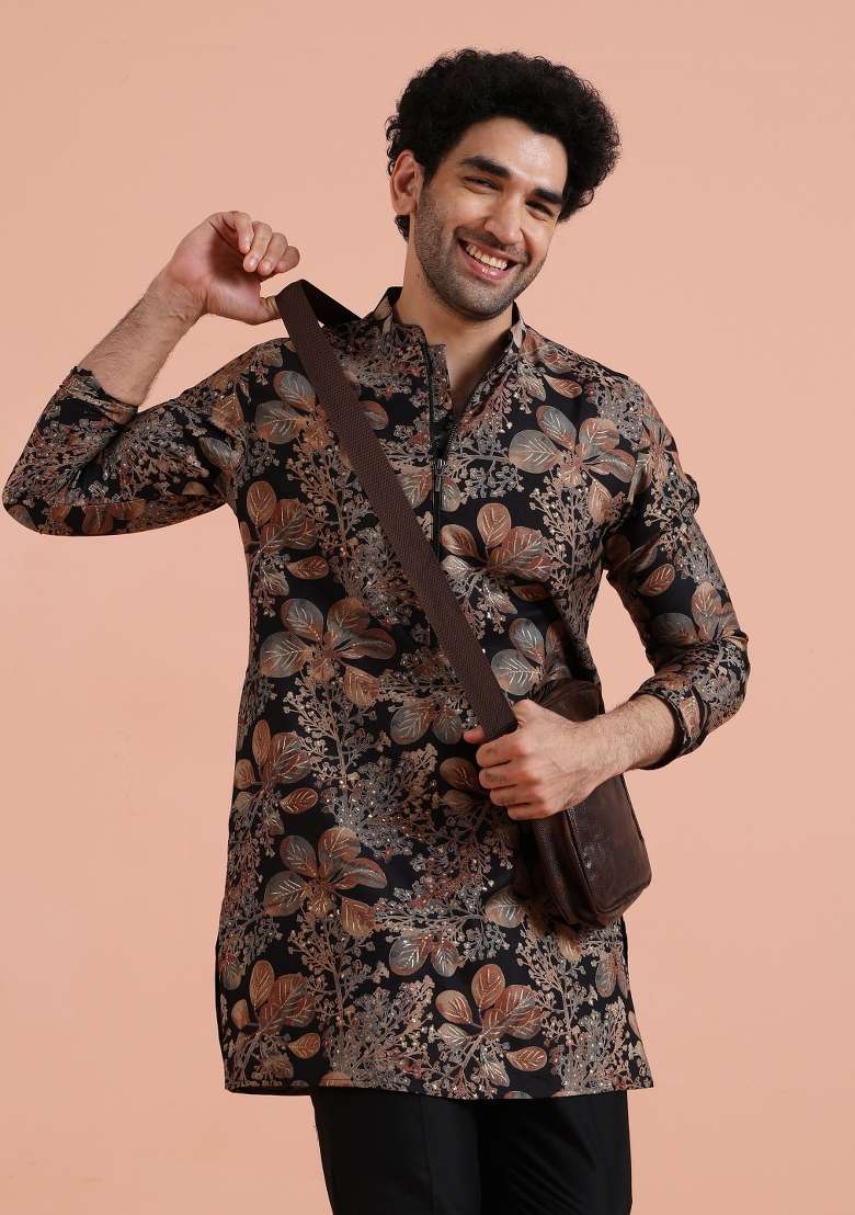Black Printed Poly Viscose Kurta For Men - Indya