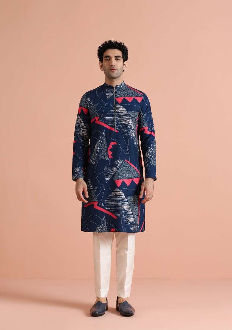 Blue Printed Poly Viscose Kurta For Men - Indya