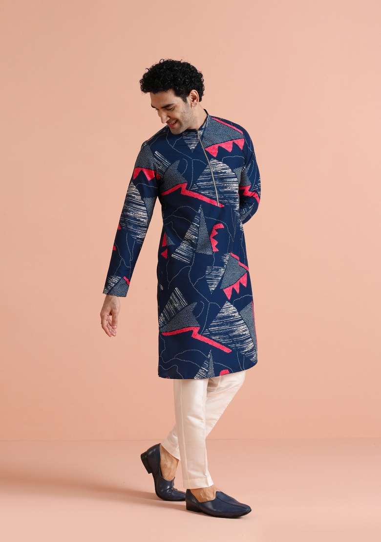 Blue Printed Poly Viscose Kurta For Men - Indya