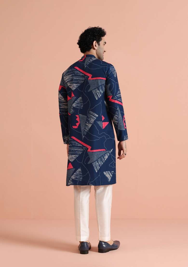 Blue Printed Poly Viscose Kurta For Men - Indya