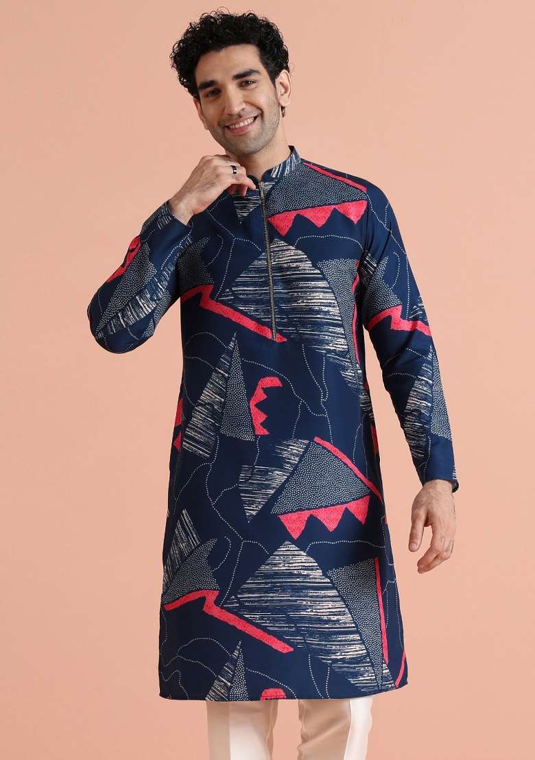 Blue Printed Poly Viscose Kurta For Men - Indya