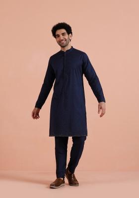Blue Embroidered Poly Silk Kurta For Men