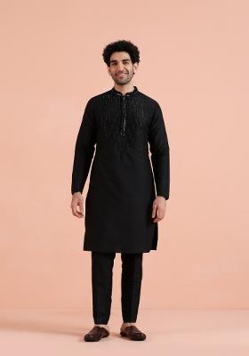 Black Embellished Poly Silk Kurta For Men