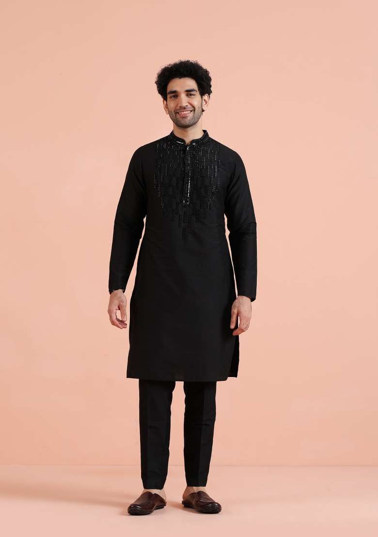 Black Embellished Poly Silk Blend Kurta For Men - Indya