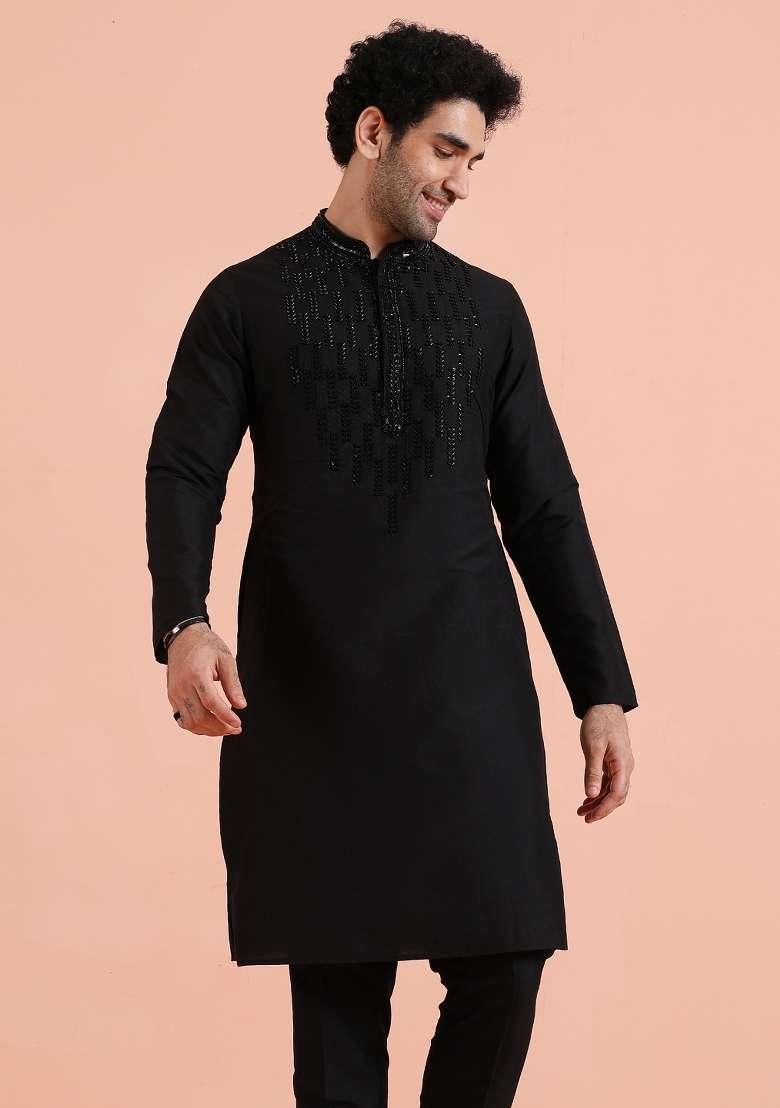 Black Embellished Poly Silk Blend Kurta For Men - Indya
