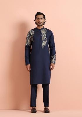 Blue Printed Poly Silk Blend Kurta For Men