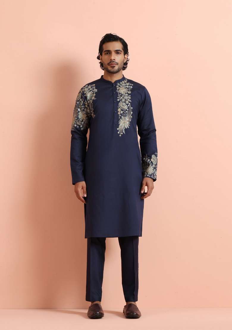 Blue Printed Poly Silk Blend Kurta For Men - Indya