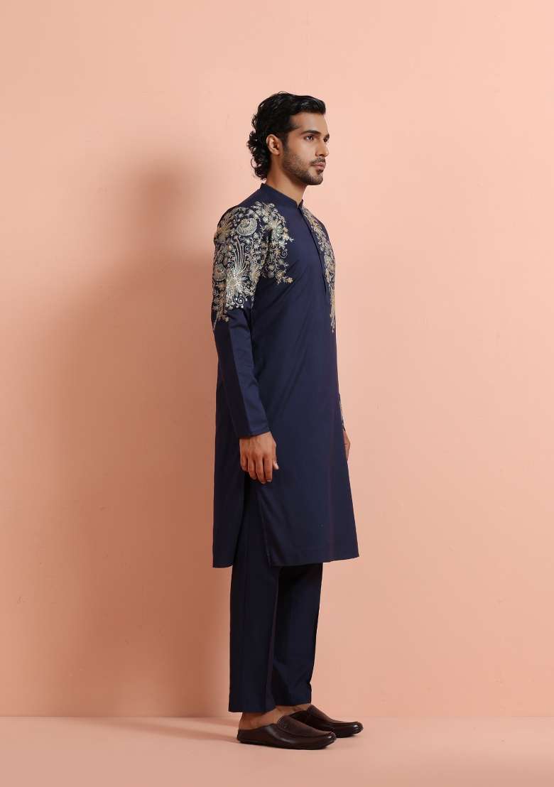 Blue Printed Poly Silk Blend Kurta For Men - Indya