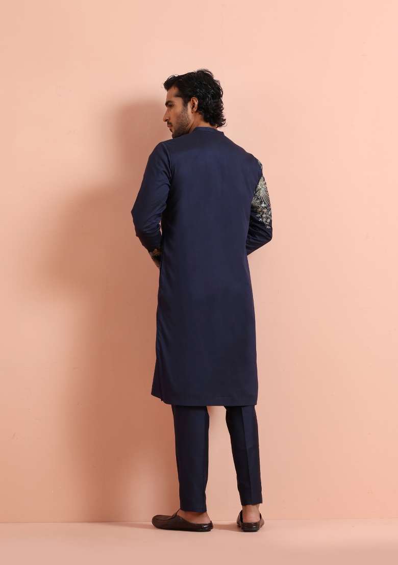 Blue Printed Poly Silk Blend Kurta For Men - Indya