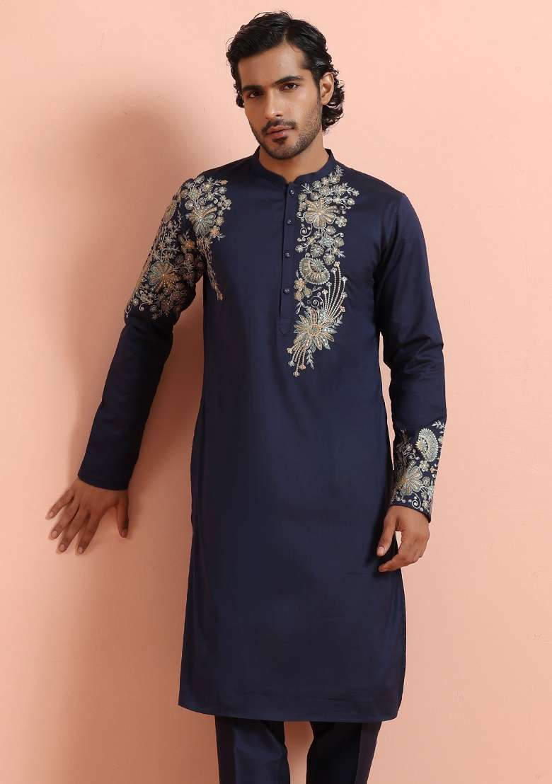 Blue Printed Poly Silk Blend Kurta For Men - Indya