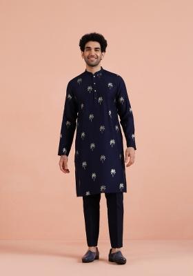 Blue Printed Poly Rayon Kurta For Men