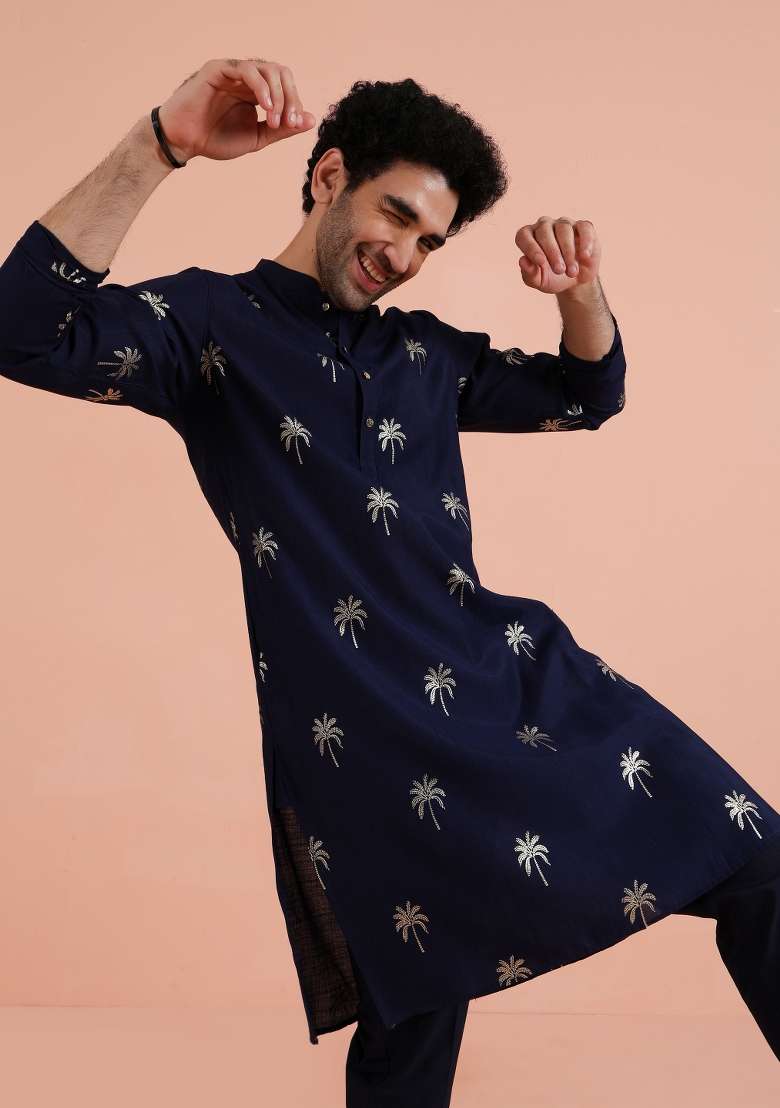 Blue Printed Poly Rayon Kurta For Men - Indya
