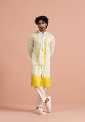 White Printed Cotton Kurta For Men