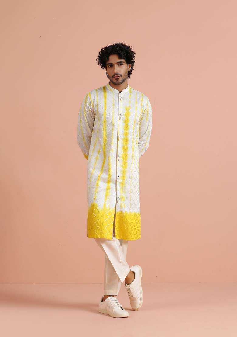 White Printed Cotton Kurta For Men - Indya