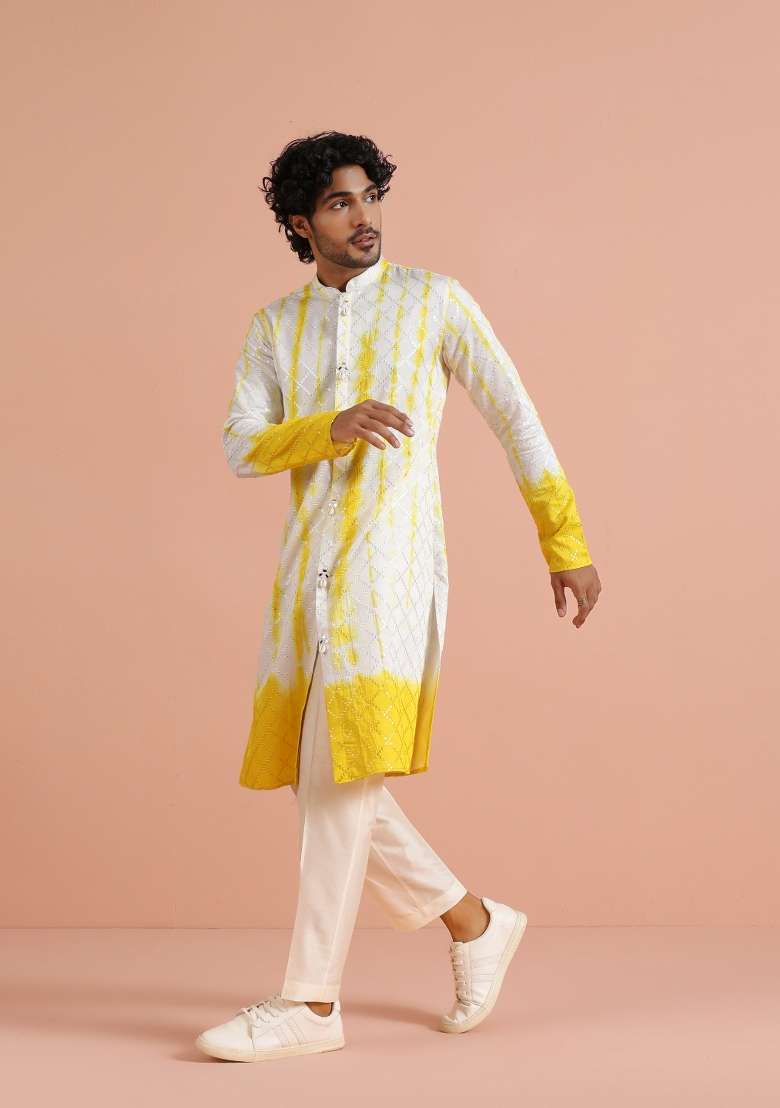 White Printed Cotton Kurta For Men - Indya