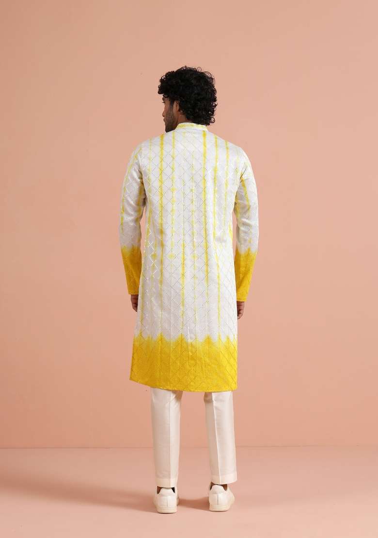 White Printed Cotton Kurta For Men - Indya