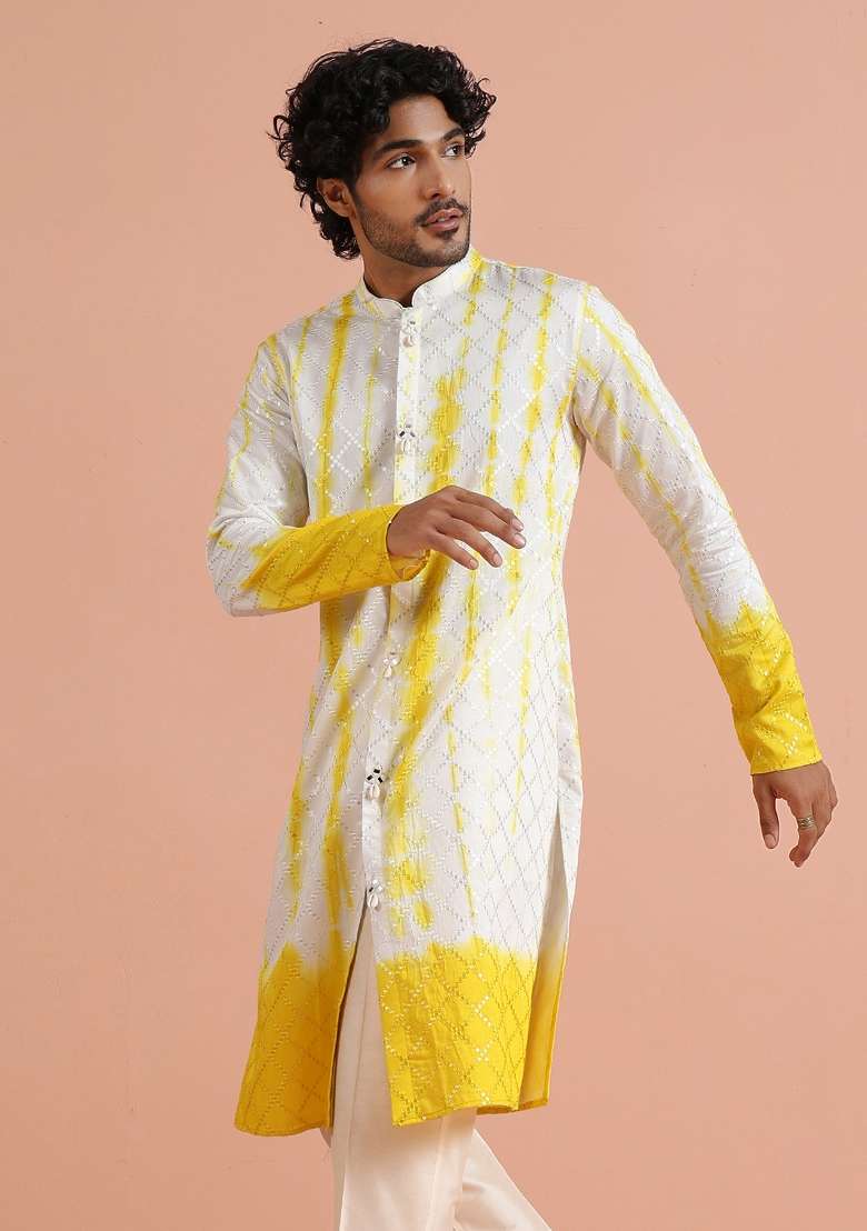 White Printed Cotton Kurta For Men - Indya