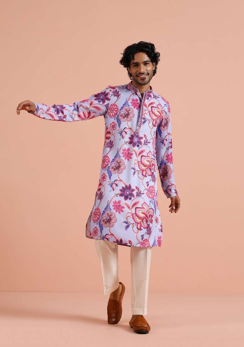 Purple Printed Pashmina Silk Blend Kurta For Men - Indya
