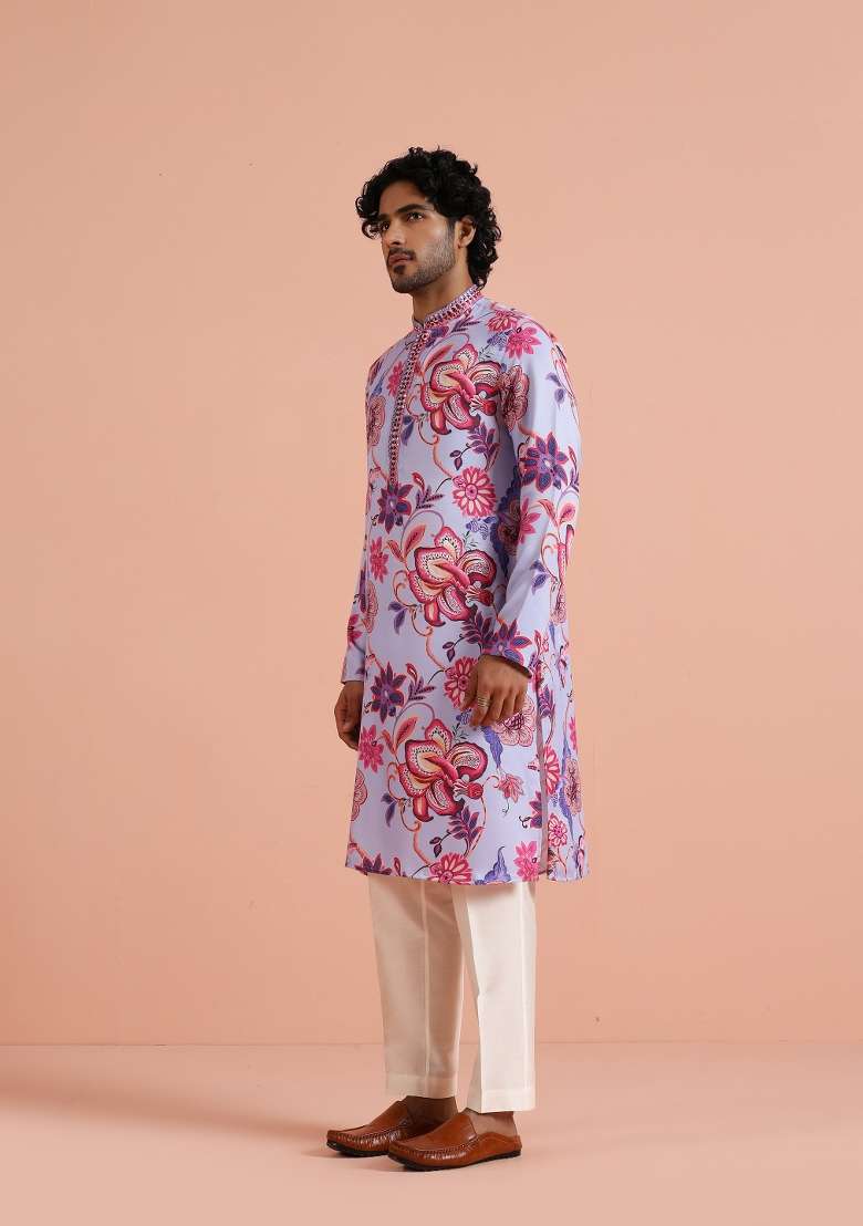 Purple Printed Pashmina Silk Blend Kurta For Men - Indya