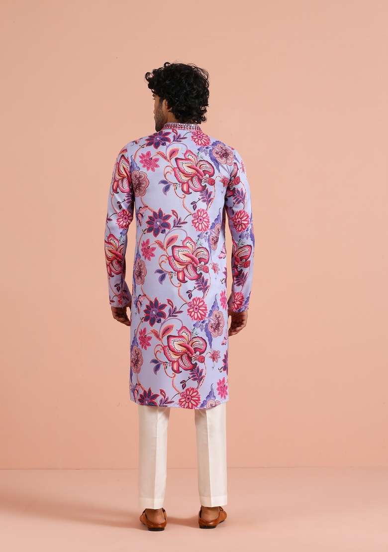 Purple Printed Pashmina Silk Blend Kurta For Men - Indya