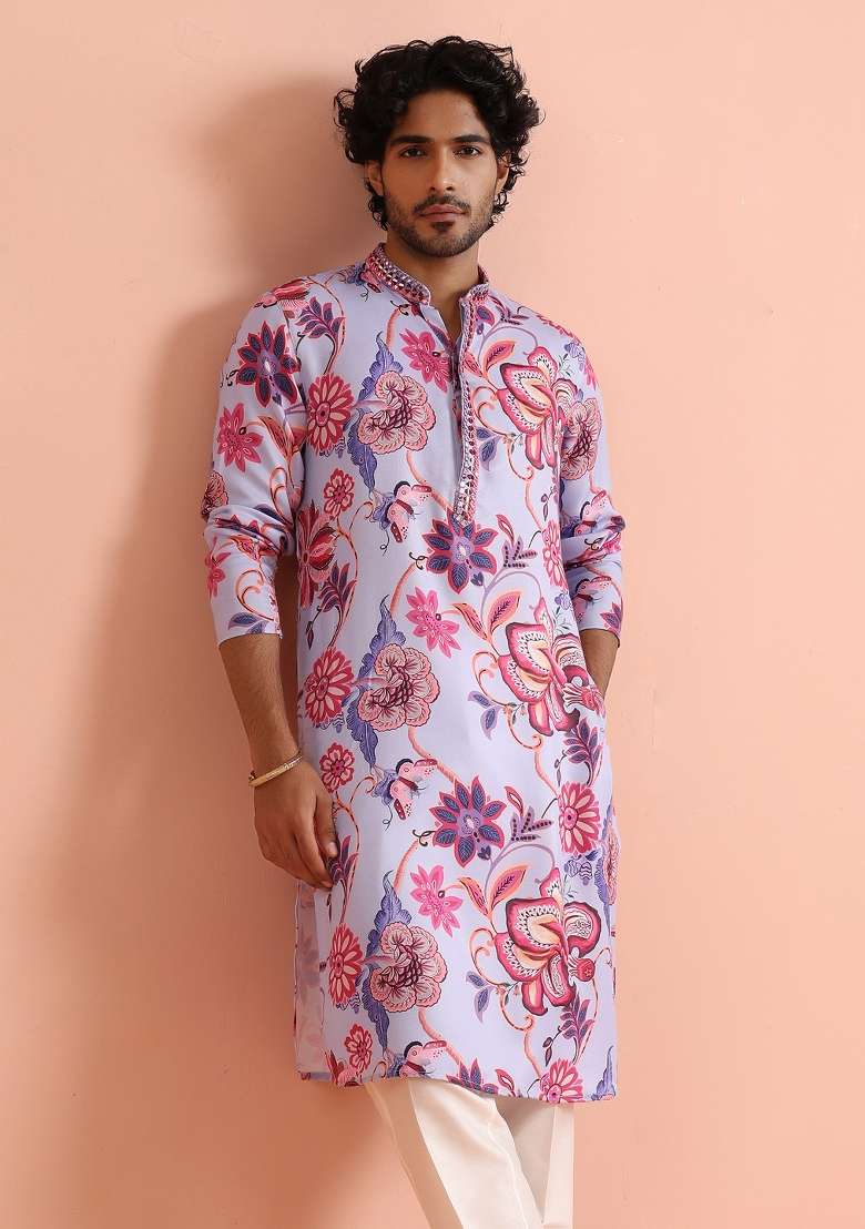 Purple Printed Pashmina Silk Blend Kurta For Men - Indya