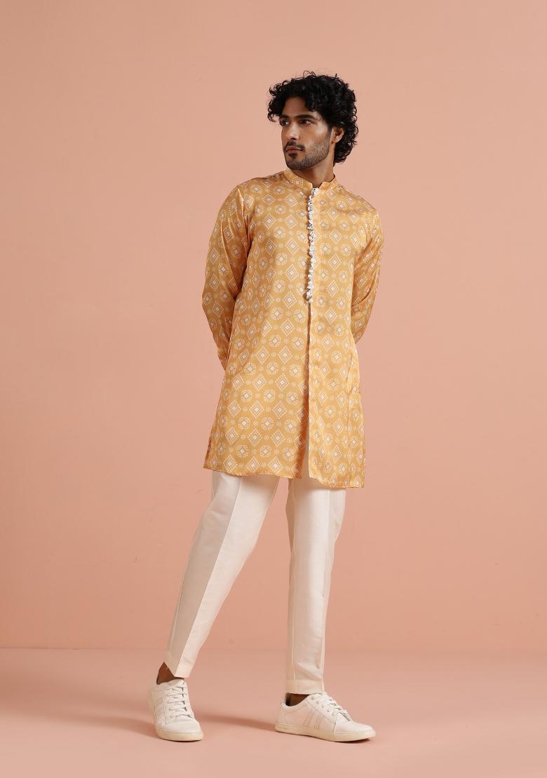 Yellow Printed Poly Viscose Kurta For Men