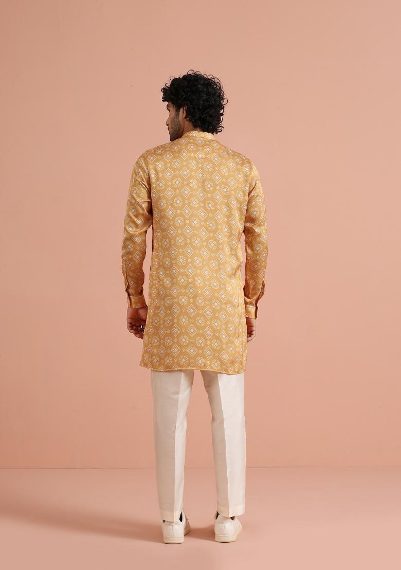 Yellow Printed Poly Viscose Kurta For Men