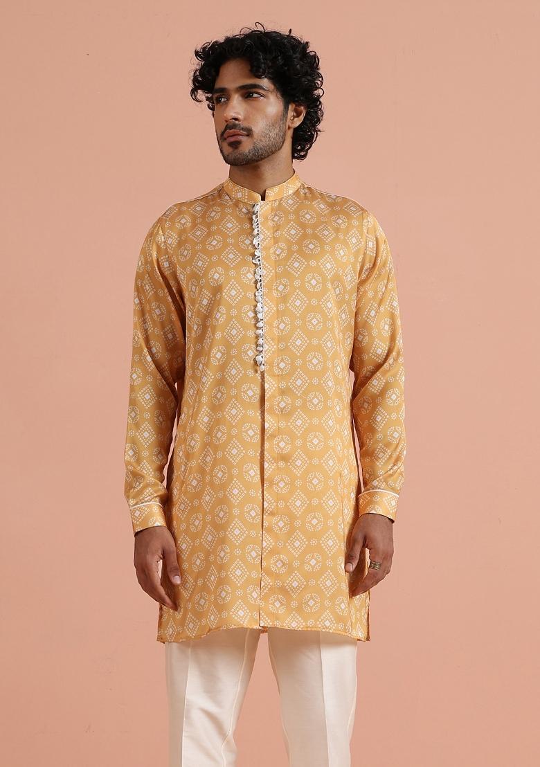 Yellow Printed Poly Viscose Kurta For Men